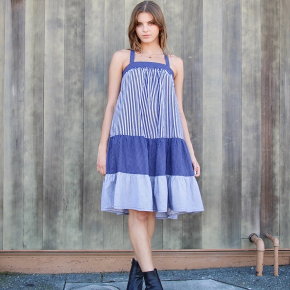 Vintage Handmade Blue Striped Flowy Halter Dress - Picture 6 of 8